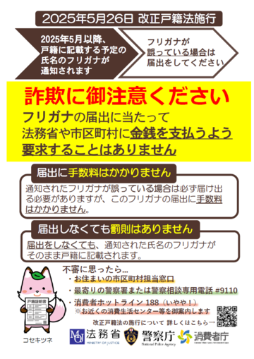振り仮名の届出に関する詐欺にご注意ください