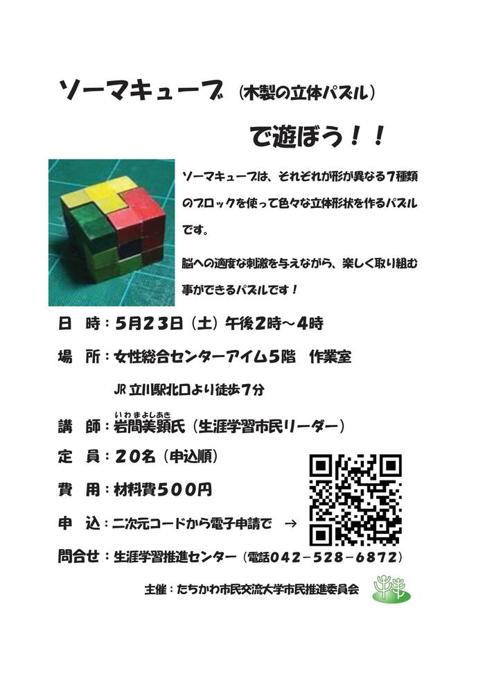 市民企画講座「ソーマキューブ（木製の立体パズル）で遊ぼう！」チラシ