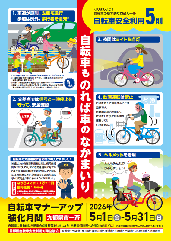 自転車マナーアップ強化月間啓発のための、自転車安全利用五則について書かれたポスター