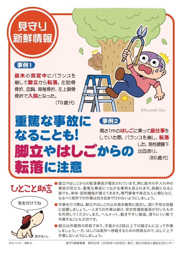 脚立でバランスを崩し落ちそうな男性のイラスト